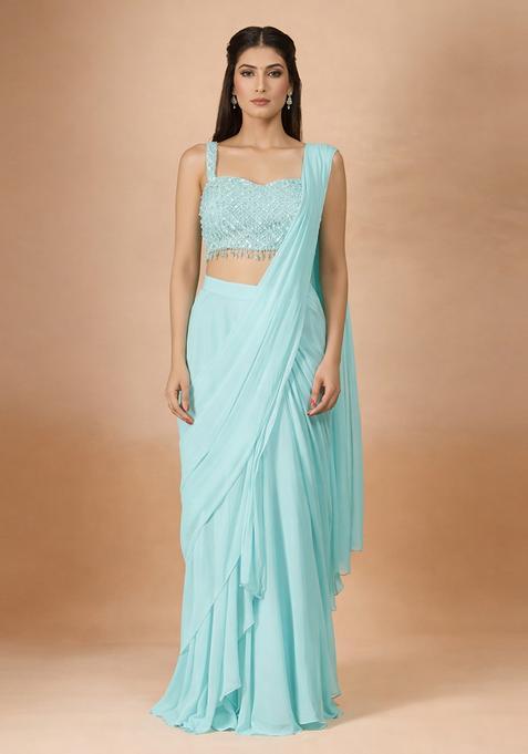 Pale Blue Hand Work Georgette Pre Draped Saree Set