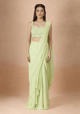 Yellow Hand Work Georgette Pre Draped Saree Set