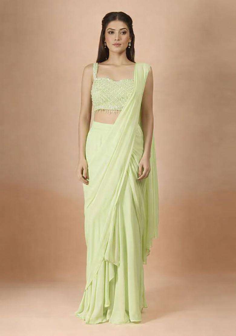 Yellow Hand Work Georgette Pre Draped Saree Set - Indya