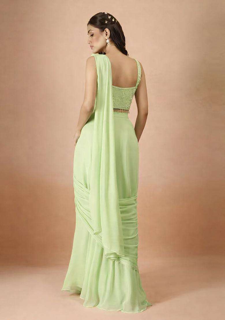 Yellow Hand Work Georgette Pre Draped Saree Set - Indya