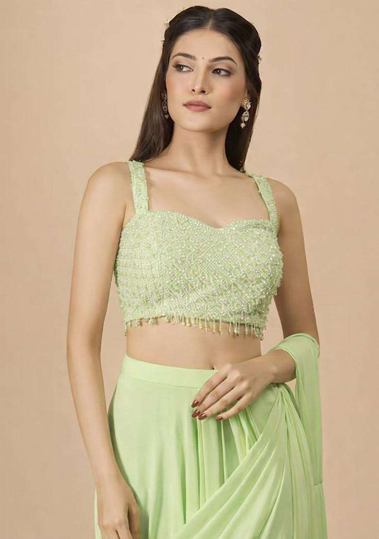 Yellow Hand Work Georgette Pre Draped Saree Set - Indya