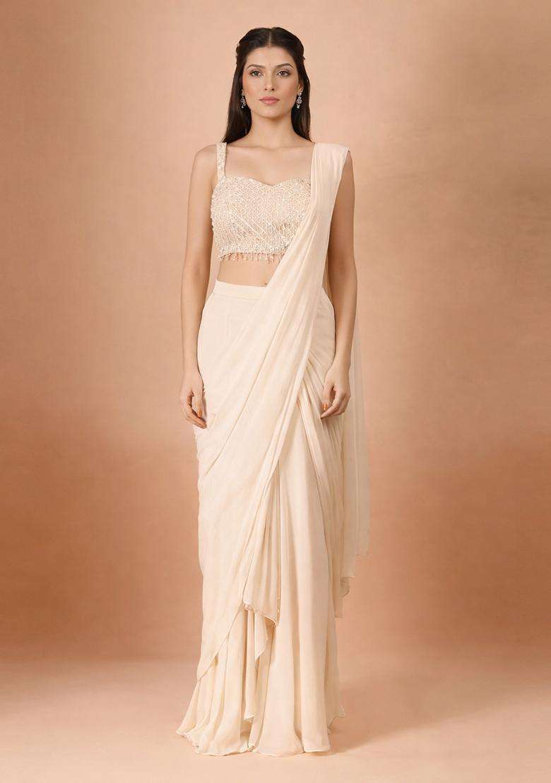 Cream Hand Work Georgette Pre Draped Saree Set - Indya