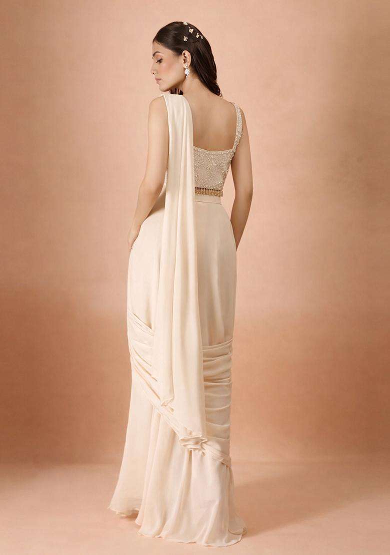 Cream Hand Work Georgette Pre Draped Saree Set - Indya