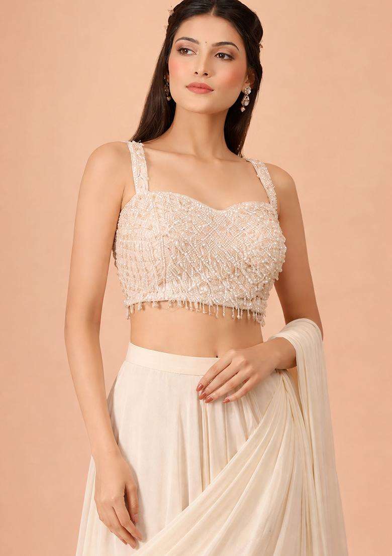 Cream Hand Work Georgette Pre Draped Saree Set - Indya