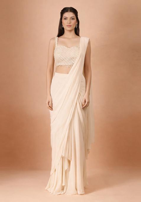 Cream Hand Work Georgette Pre Draped Saree Set