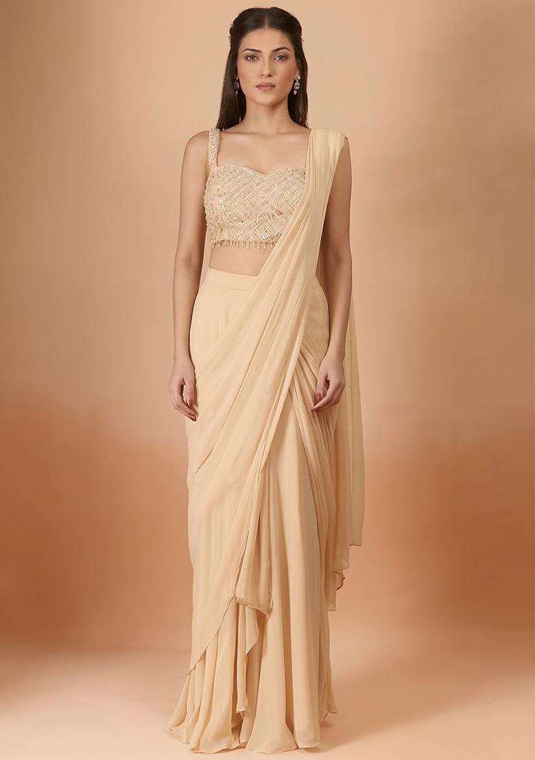 Light Yellow Hand Work Georgette Pre Draped Saree Set - Indya
