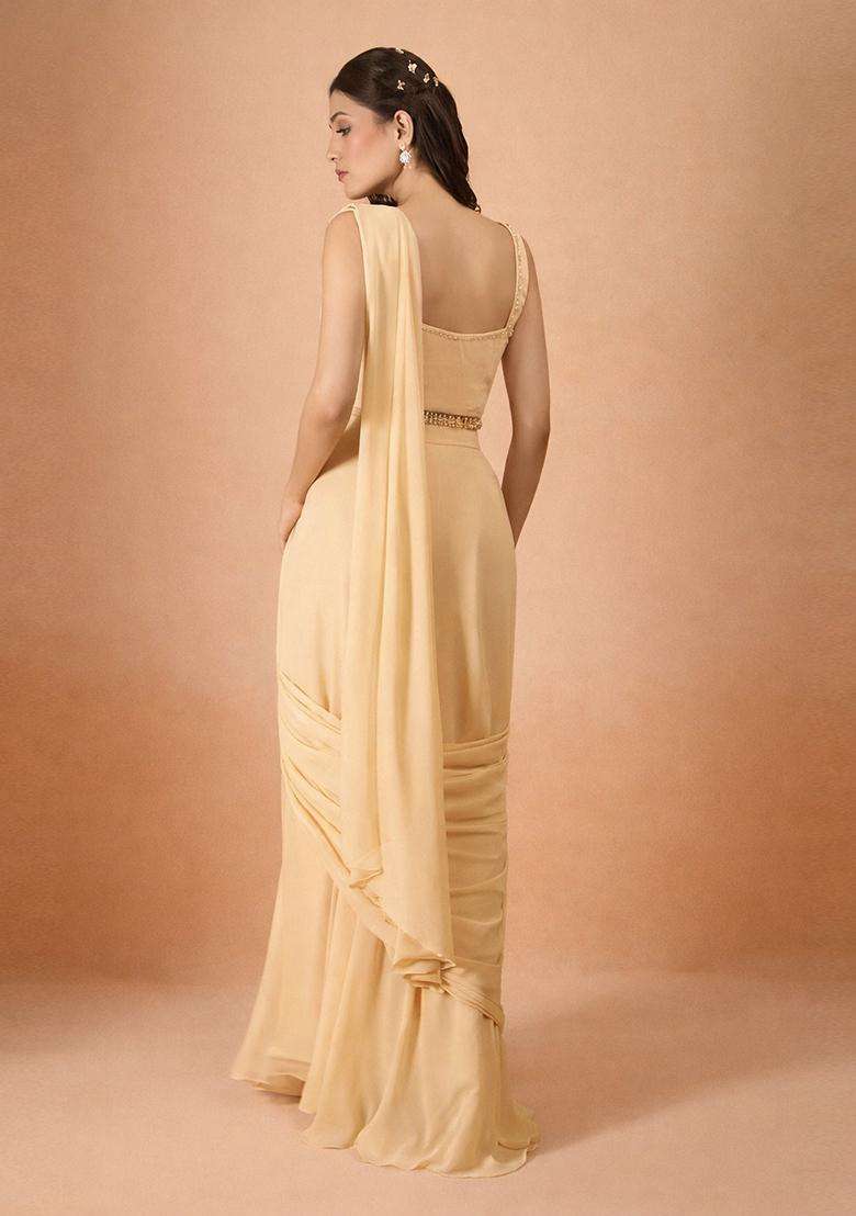 Light Yellow Hand Work Georgette Pre Draped Saree Set - Indya