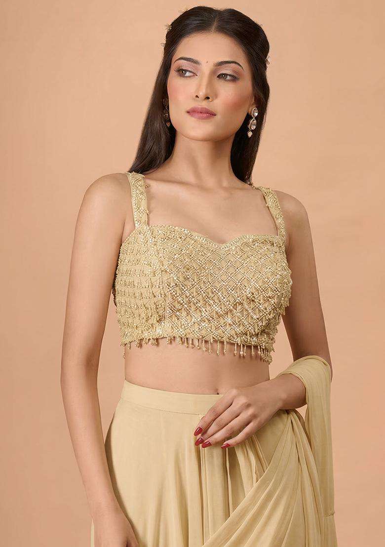 Light Yellow Hand Work Georgette Pre Draped Saree Set - Indya