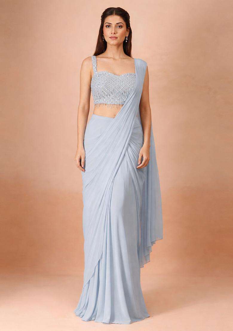 Light Blue Hand Work Georgette Pre Draped Saree Set - Indya