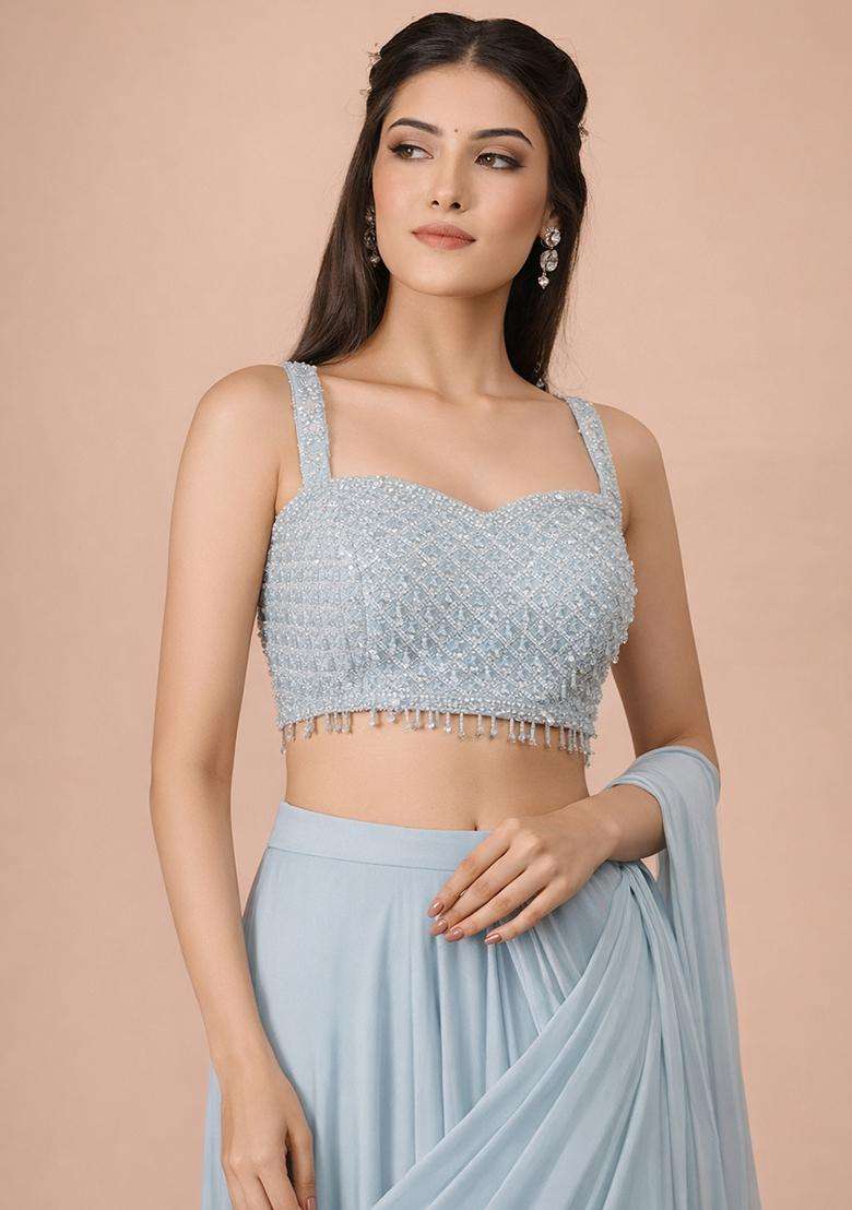 Light Blue Hand Work Georgette Pre Draped Saree Set - Indya