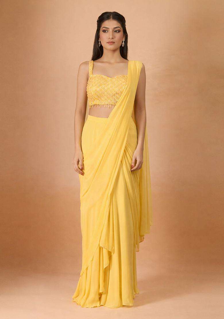 Mustard Hand Work Georgette Pre Draped Saree Set - Indya