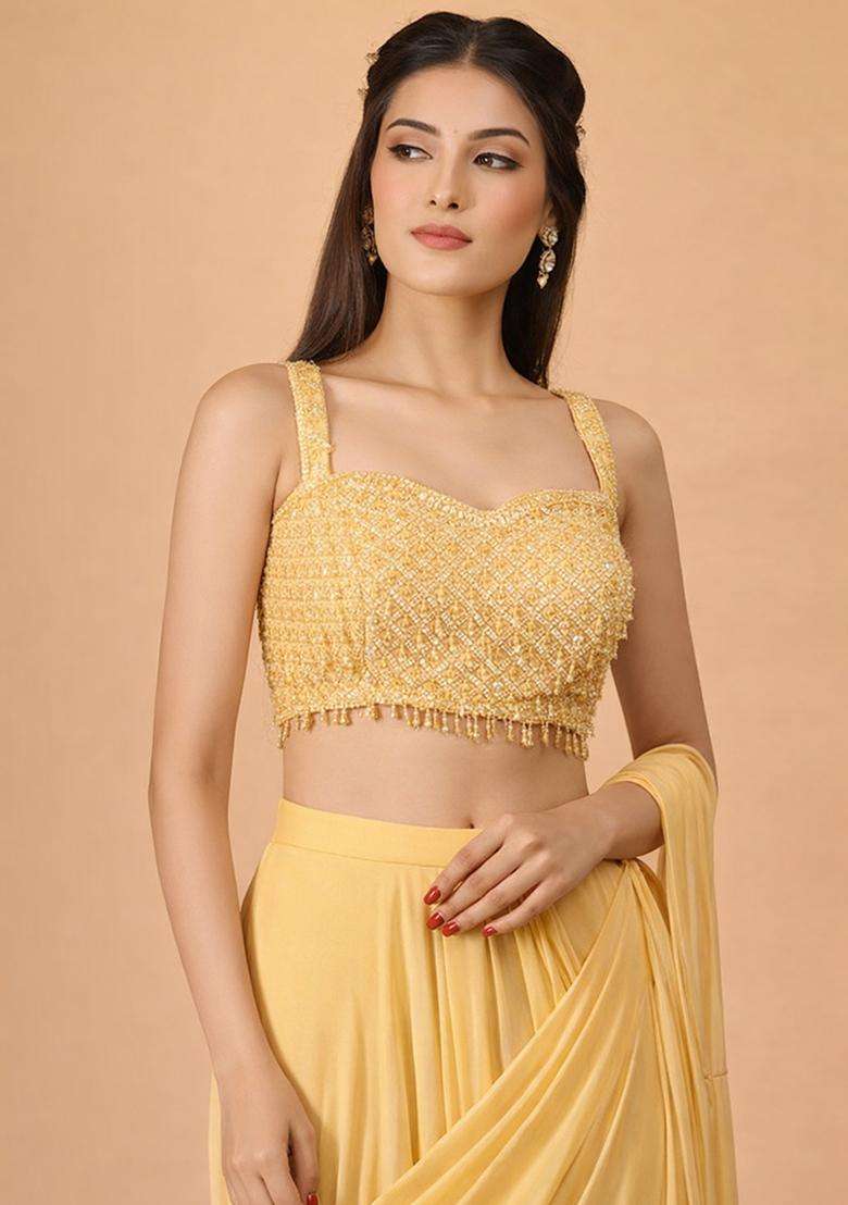 Mustard Hand Work Georgette Pre Draped Saree Set - Indya