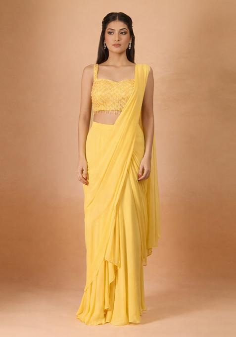 Mustard Hand Work Georgette Pre Draped Saree Set