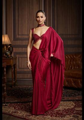 Red Hand Work Satin Pre Draped Saree Set