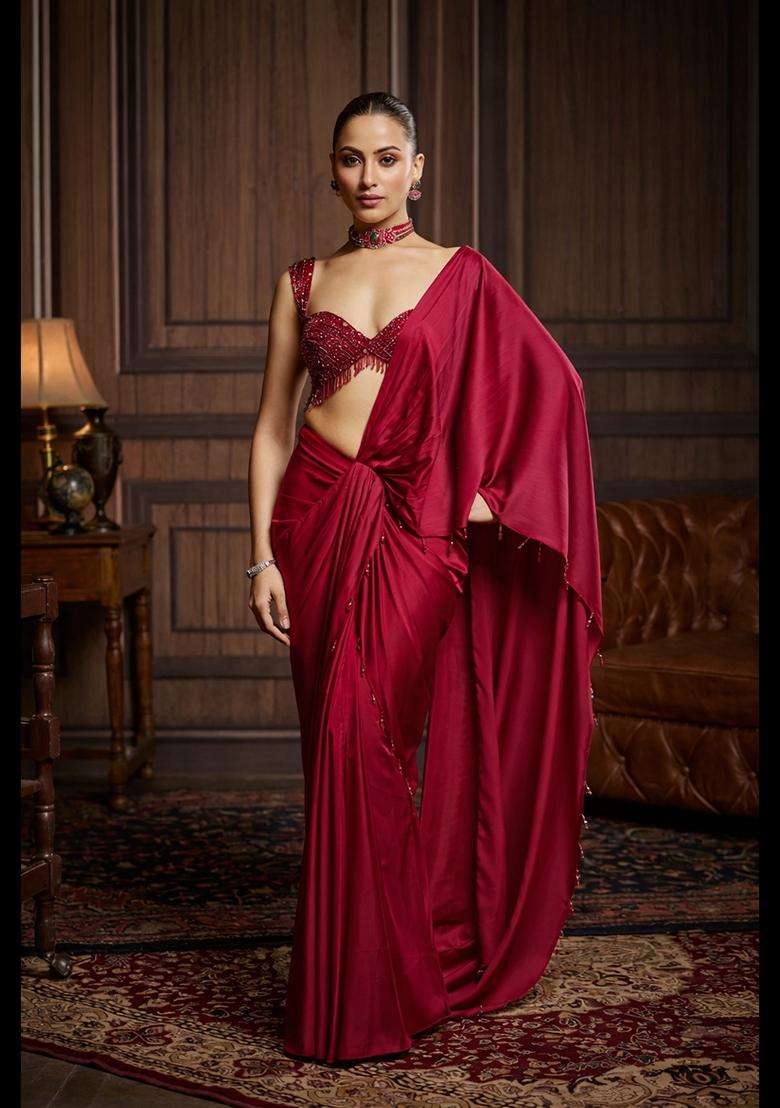 Red Hand Work Satin Pre Draped Saree Set - Indya