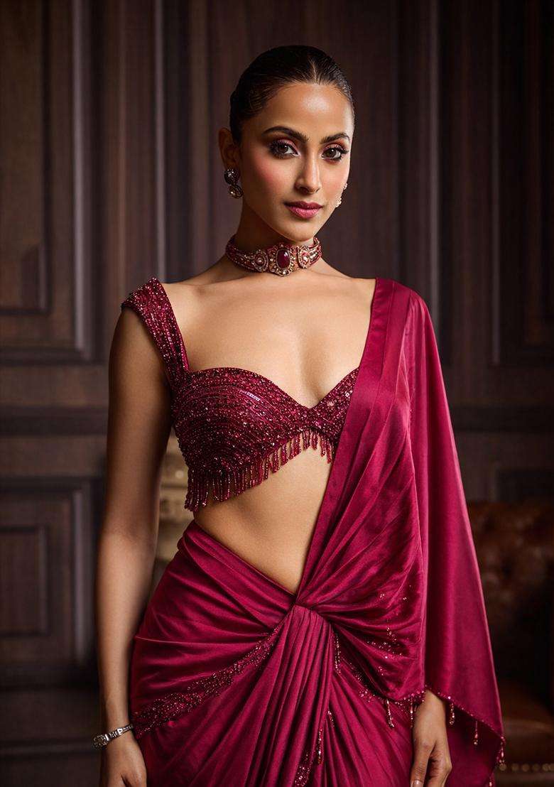 Red Hand Work Satin Pre Draped Saree Set - Indya