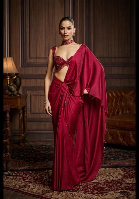 Red Hand Work Satin Pre Draped Saree Set