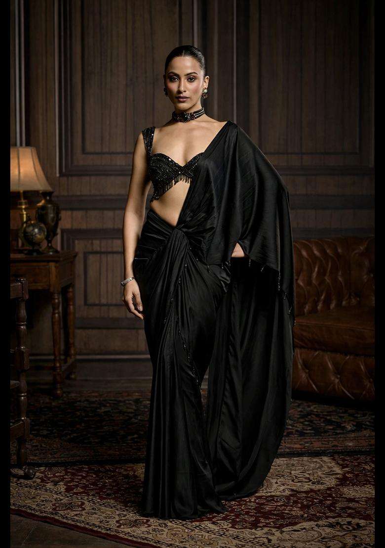 Black Hand Work Satin Pre Draped Saree Set - Indya