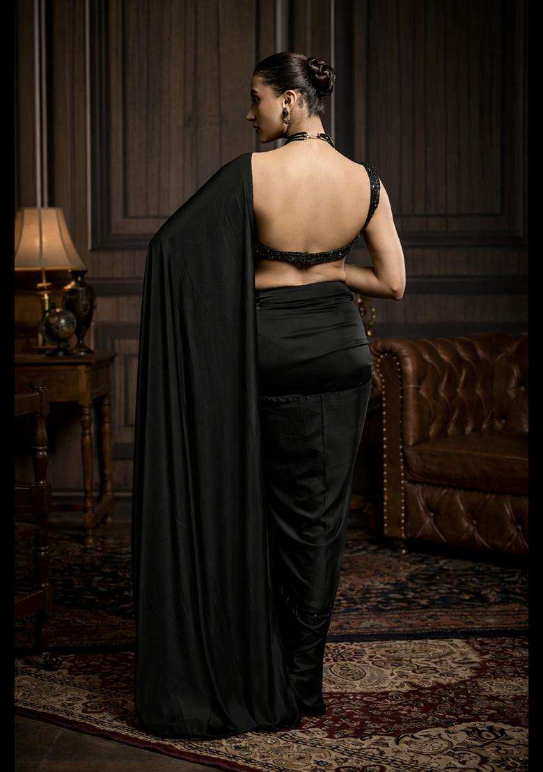 Black Hand Work Satin Pre Draped Saree Set - Indya