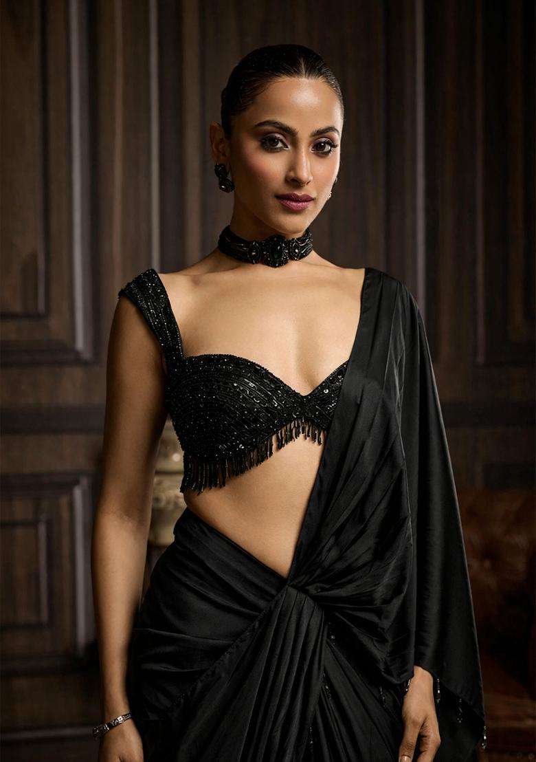 Black Hand Work Satin Pre Draped Saree Set - Indya