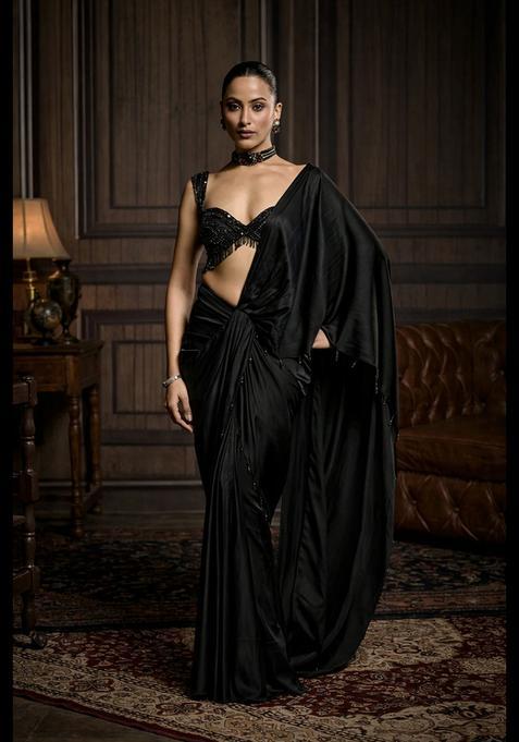Black Hand Work Satin Pre Draped Saree Set