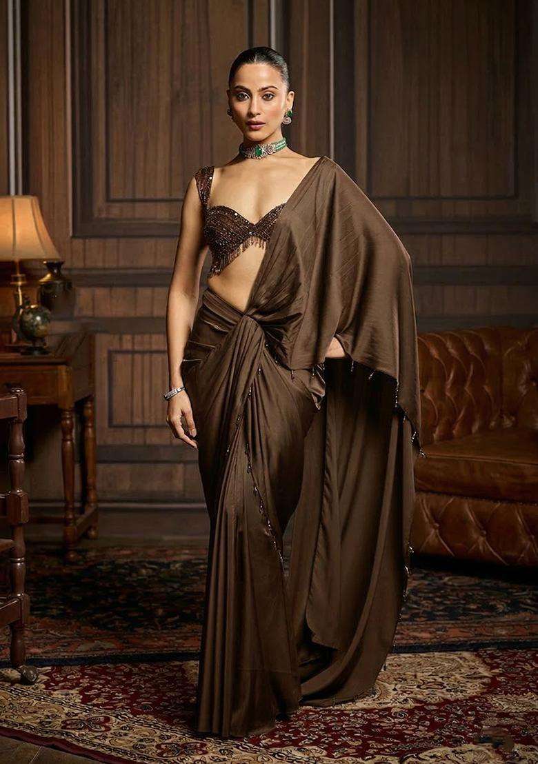 Dark Brown Hand Work Satin Pre Draped Saree Set - Indya