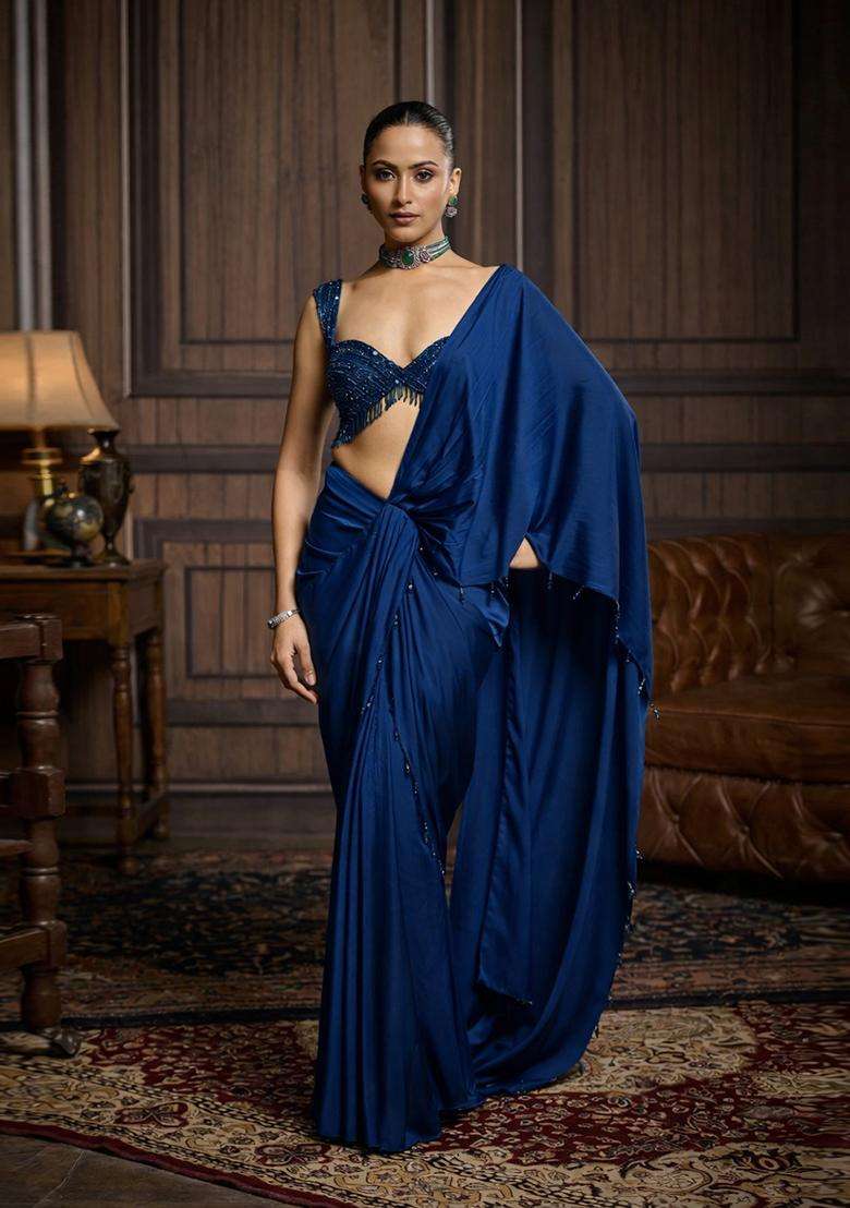 Dark Brown Hand Work Satin Pre Draped Saree Set - Indya