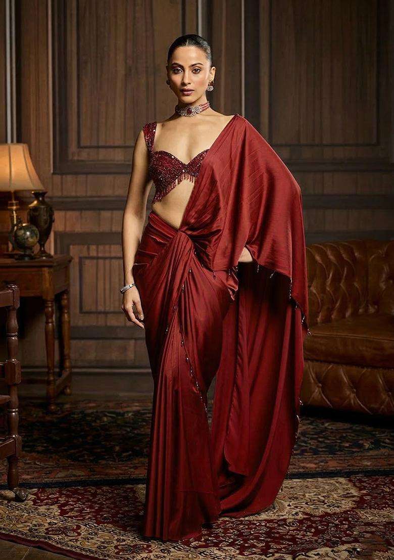 Wine Hand Work Satin Pre Draped Saree Set - Indya