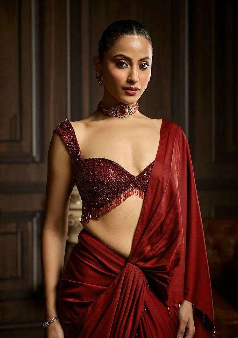 Wine Hand Work Satin Pre Draped Saree Set - Indya
