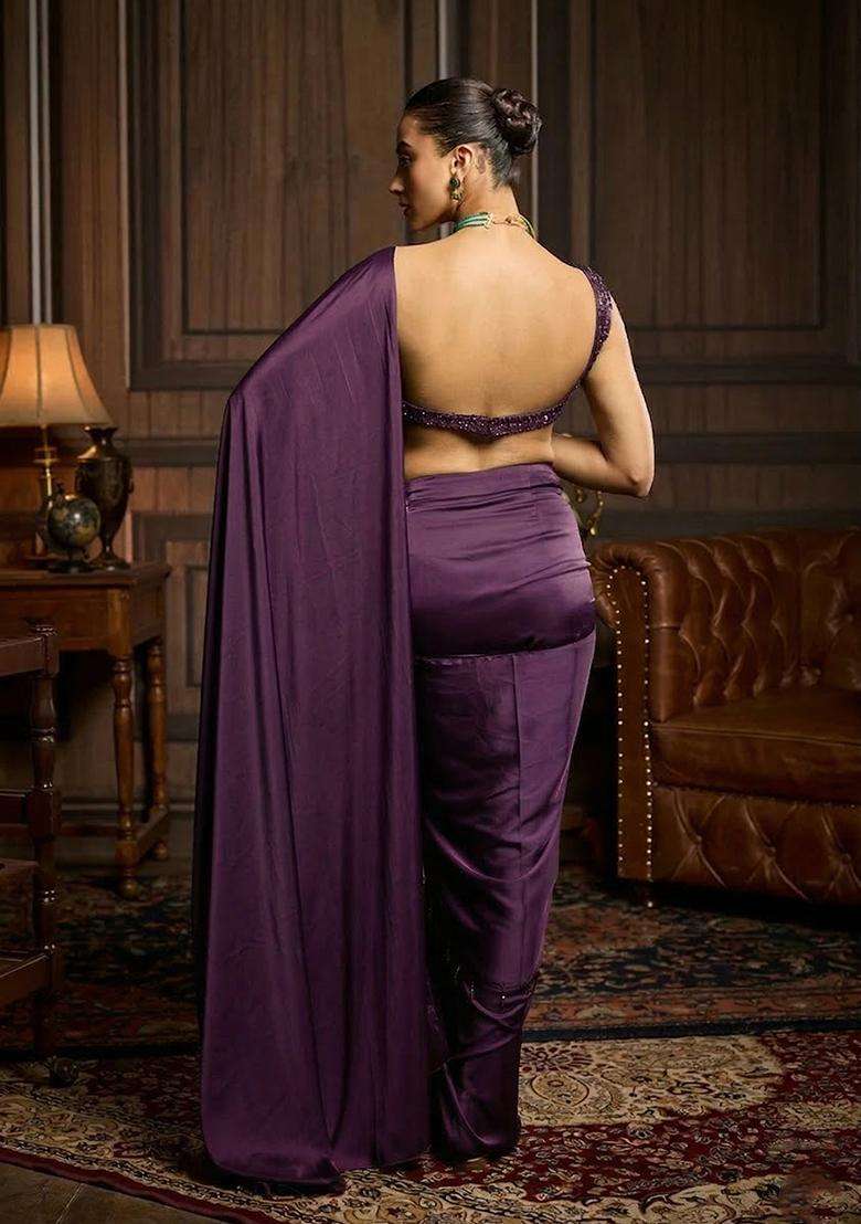 Purple Hand Work Satin Pre Draped Saree Set - Indya