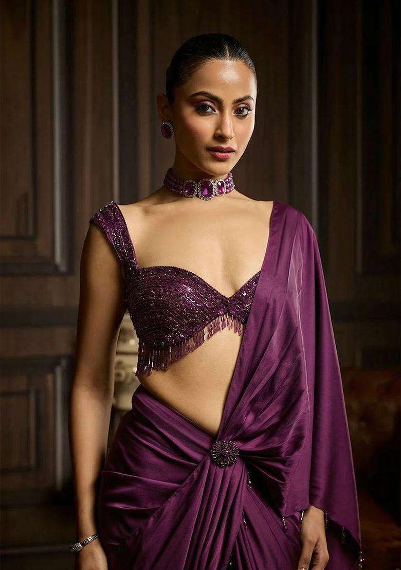 Purple Hand Work Satin Pre Draped Saree Set - Indya