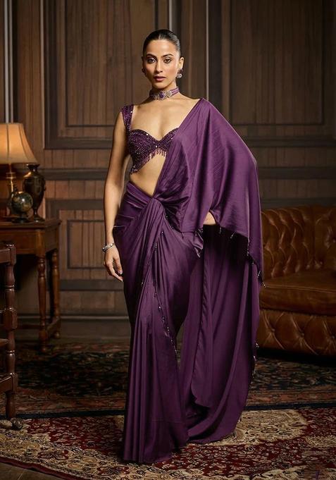 Purple Hand Work Satin Pre Draped Saree Set