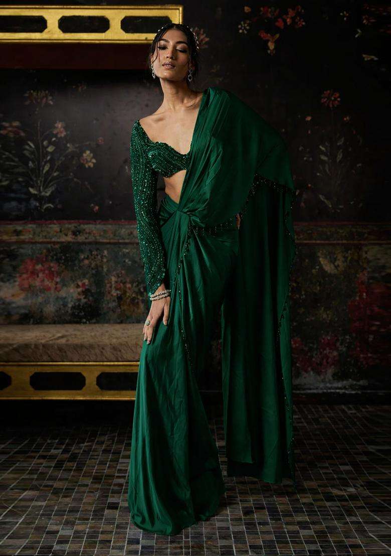 Forest Green Hand Work Satin Pre Draped Saree Set - Indya