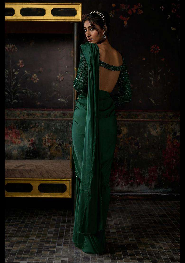 Forest Green Hand Work Satin Pre Draped Saree Set - Indya