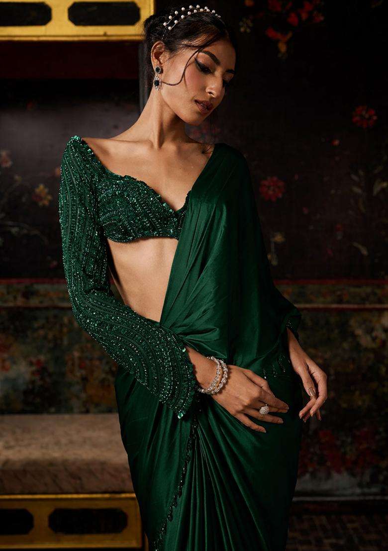 Forest Green Hand Work Satin Pre Draped Saree Set - Indya