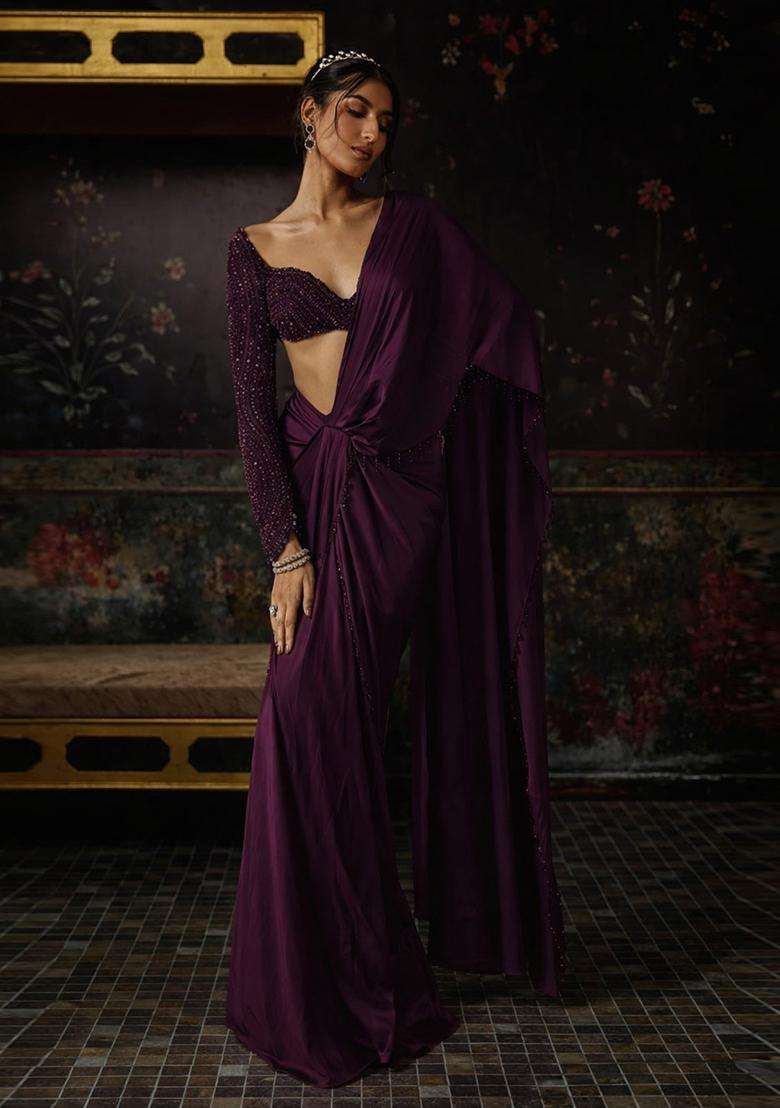 Plum Hand Work Satin Pre Draped Saree Set - Indya