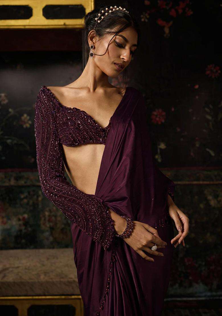 Plum Hand Work Satin Pre Draped Saree Set - Indya