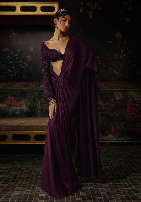 Plum Hand Work Satin Pre Draped Saree Set