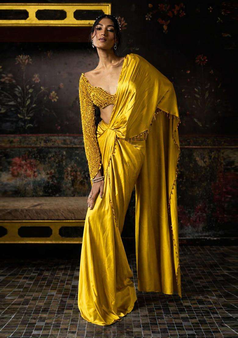 Gold Hand Work Satin Pre Draped Saree Set - Indya
