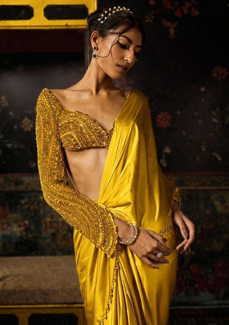 Gold Hand Work Satin Pre Draped Saree Set - Indya