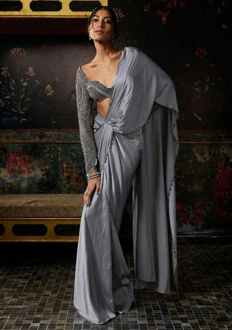 Light Grey Hand Work Satin Pre Draped Saree Set - Indya