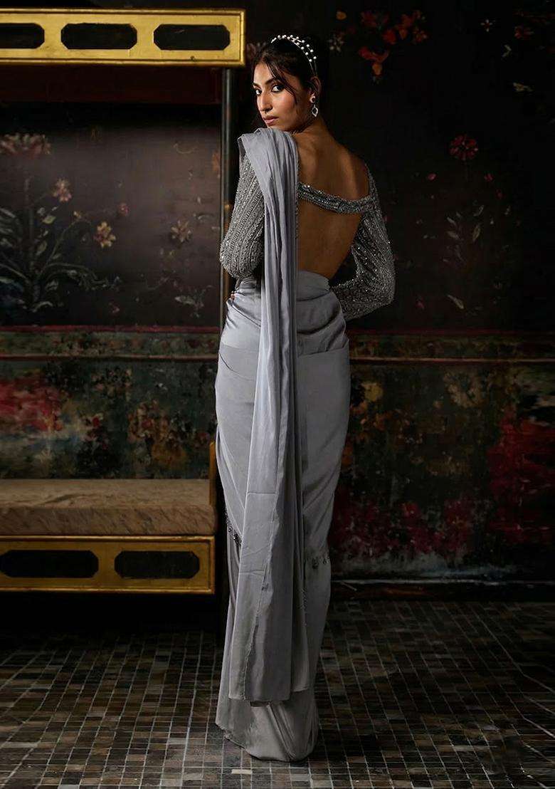 Light Grey Hand Work Satin Pre Draped Saree Set - Indya