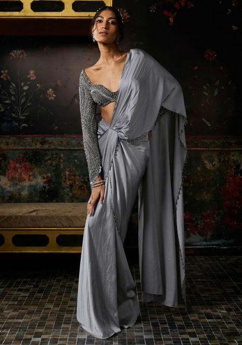 Light Grey Hand Work Satin Pre Draped Saree Set