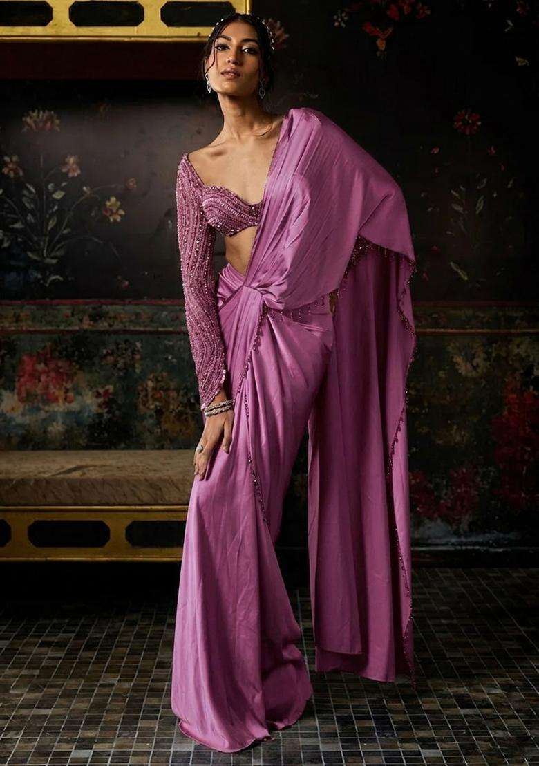 Lavender Hand Work Satin Pre Draped Saree Set - Indya