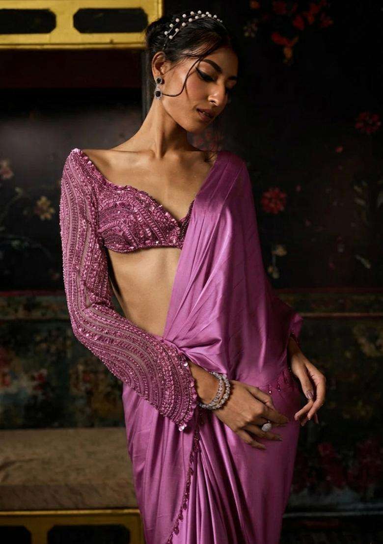 Lavender Hand Work Satin Pre Draped Saree Set - Indya
