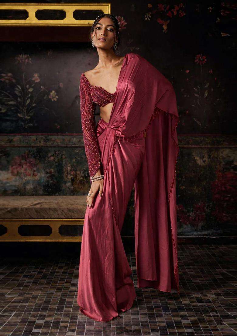 Purple Hand Work Satin Pre Draped Saree Set - Indya
