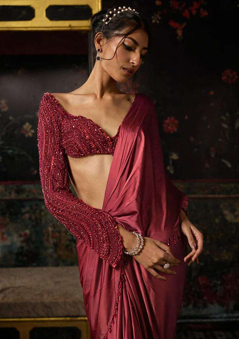Purple Hand Work Satin Pre Draped Saree Set - Indya
