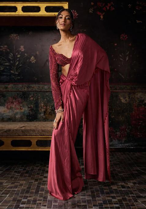 Purple Hand Work Satin Pre Draped Saree Set