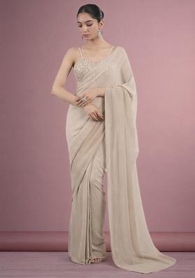 Grey Hand Work Georgette Pre Draped Saree Set