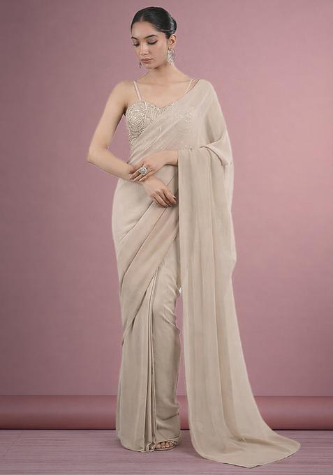 Grey Hand Work Georgette Pre Draped Saree Set